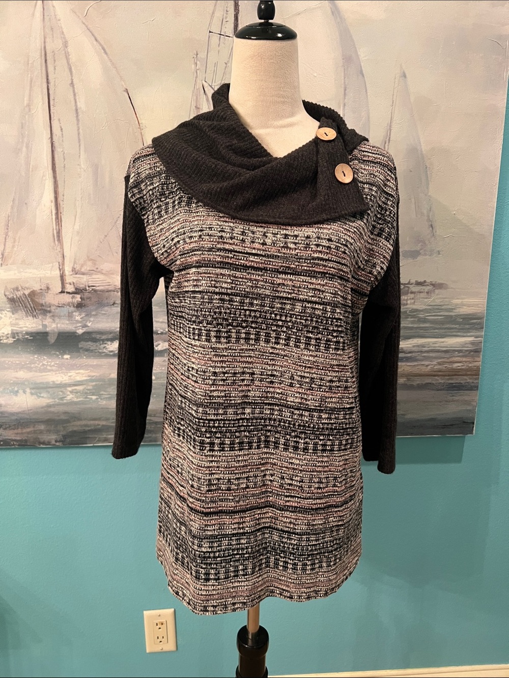 Ali Miles Gray Cowl Neck Sweater, Small